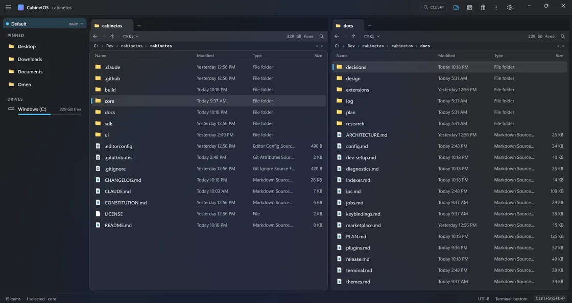 CabinetOS: the sidebar and the first of two file panes