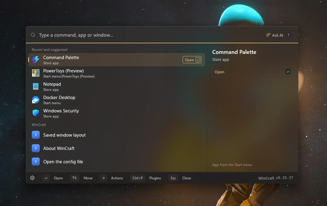 The WinCraft command palette in the Fluent glass theme